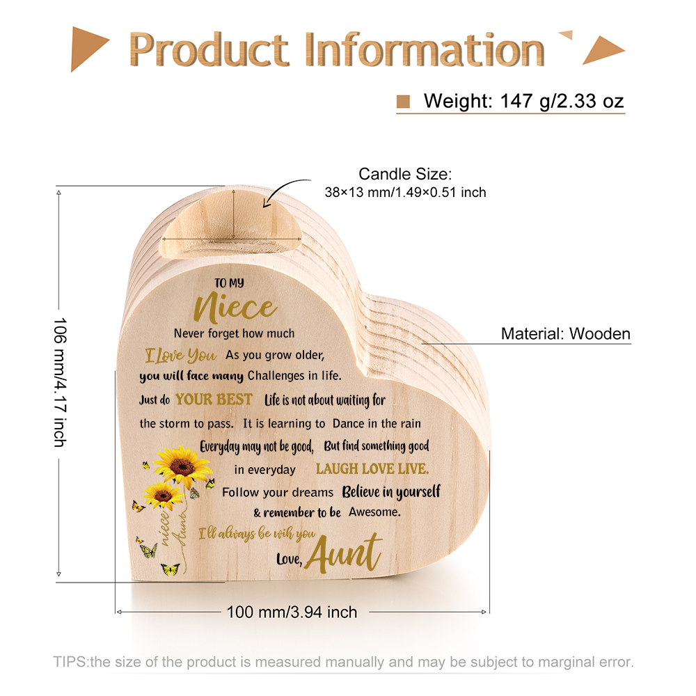 To My Niece Heart Candle Holder Follow Your Dreams Wooden Candlestick-Jessemade AU