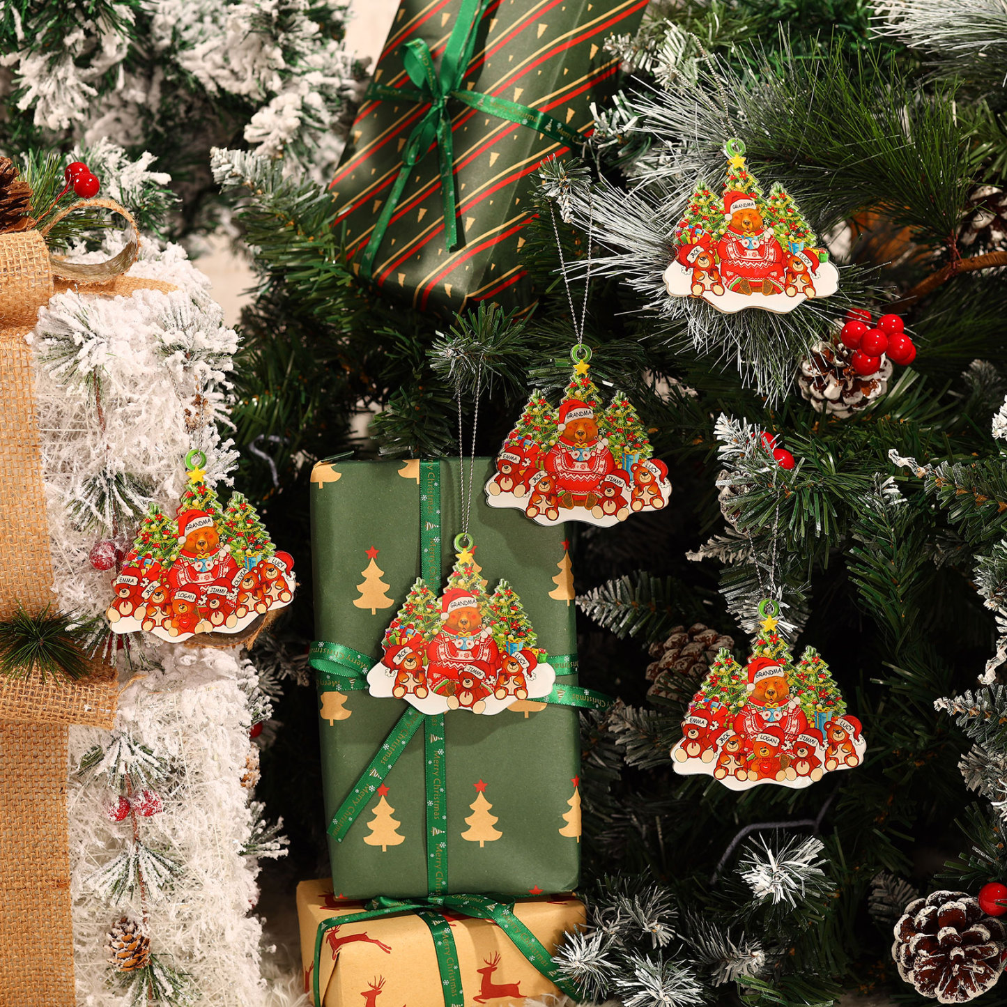 4 Names - Personalised Acrylic Christmas Bear Ornaments Customised Text & Name Xmas Pendant Gifts for Family-Jessemade AU