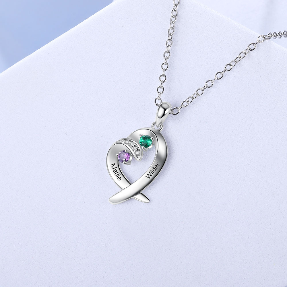 Personalised Heart Necklace With 2 Birthstones Engraved Names Gift For Her-Jessemade AU