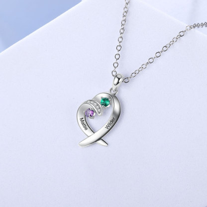 Personalised Heart Necklace With 2 Birthstones Engraved Names Gift For Her-Jessemade AU