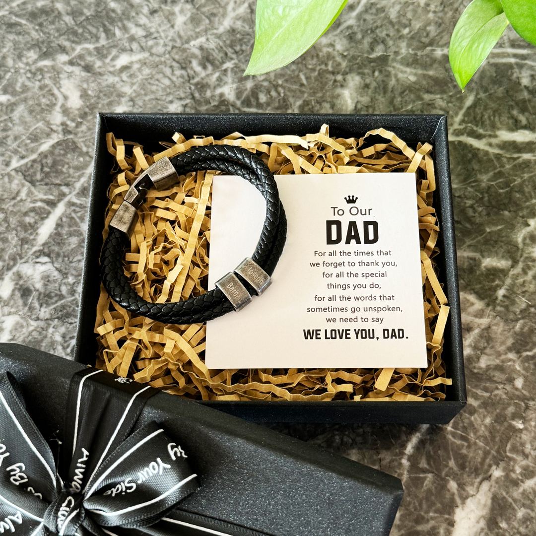 Personalised Men Leather Bracelet with 2 Names Beaded Wrap Vintage Bracelet for Dad-Jessemade AU