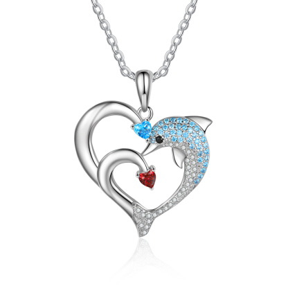 Personalised Heart Dolphin Necklace With 2 Birthstones Engraved Names Gift For Her-Jessemade AU