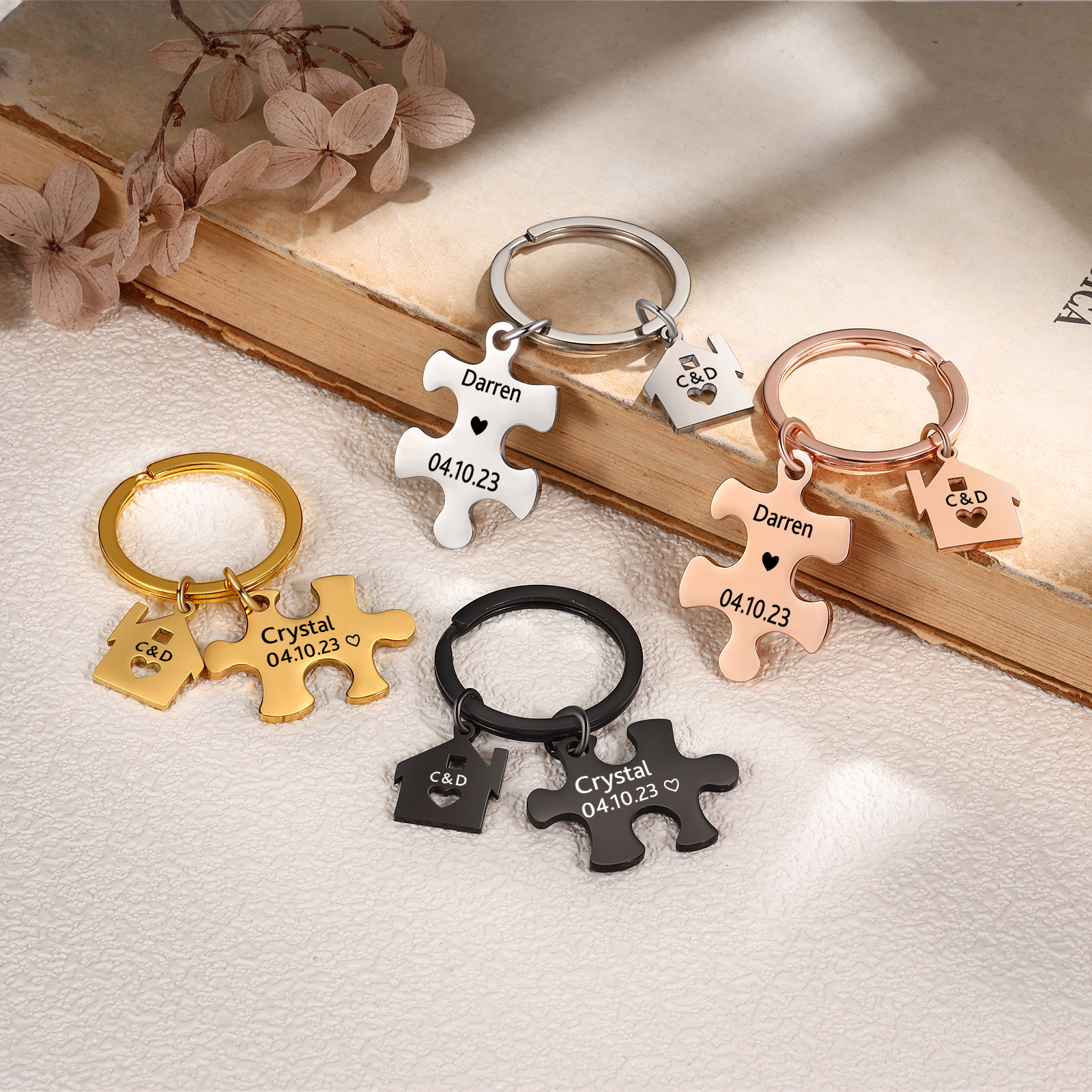 2 PCS Couple Keychain Set Custom 2 Names & 2 Letters & Date Keyring Puzzle Keychain Valentine's Day Personalised Gift for Him/Her-Jessemade AU