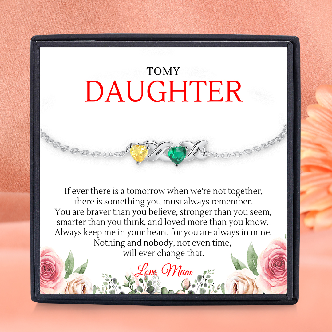 Personalised Bracelet With 2 Heart Birthstones Engraved Names Bracelet Gift For Women-Jessemade AU