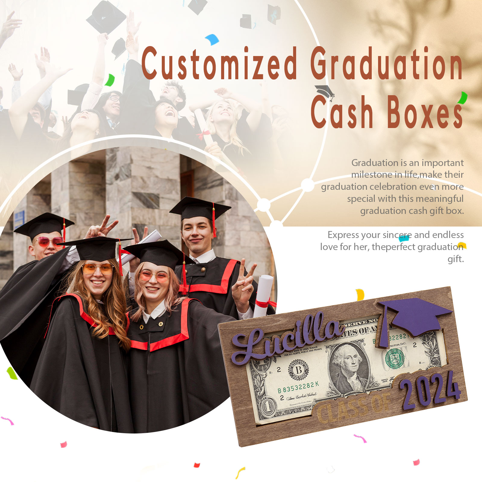 Class of 2024 Personalised Graduation Cash Clip Custom Name & Text Cash Box Creative Gifts for Her/Him-Jessemade AU