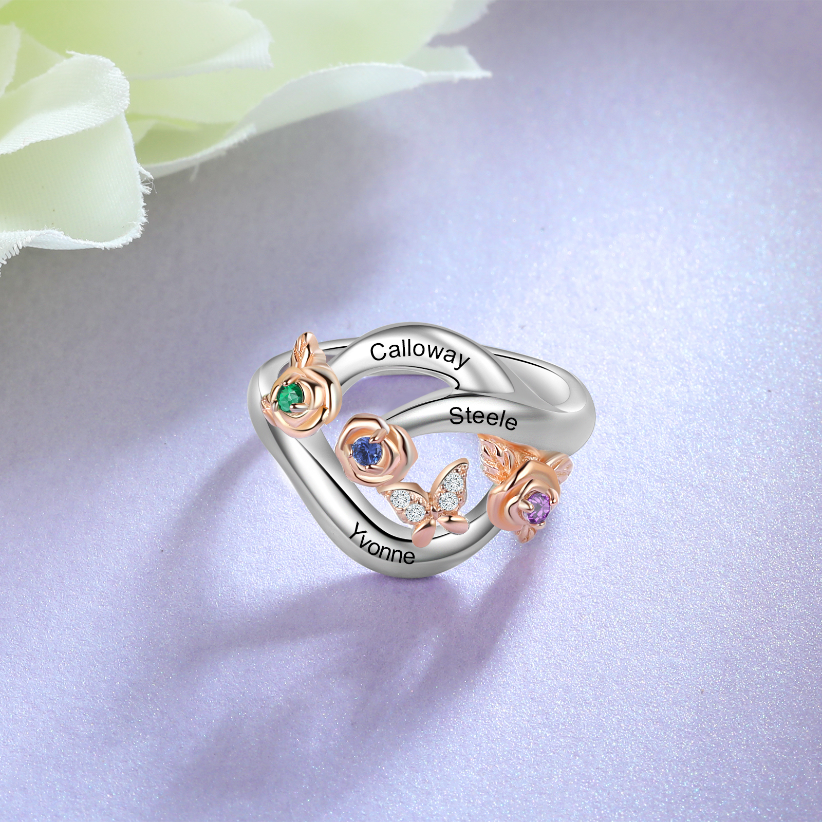 Personalised Rose Ring With 4 Birthstones Engraved Names Ring Gift For Women-Jessemade AU