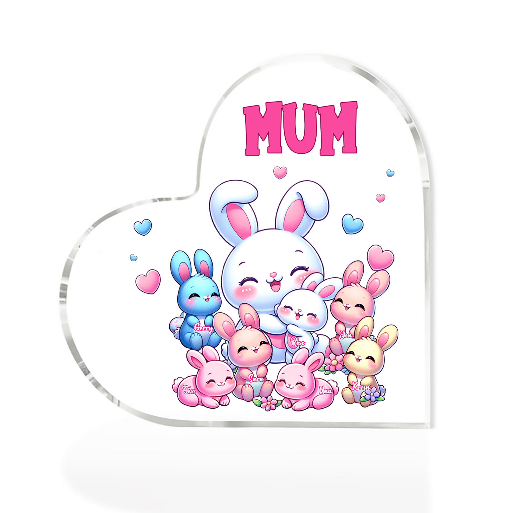 Personalised Text Acrylic Heart Keepsake Custom 7 Names Ornament Bunny Family Gifts For Mother/Grandma-Jessemade AU