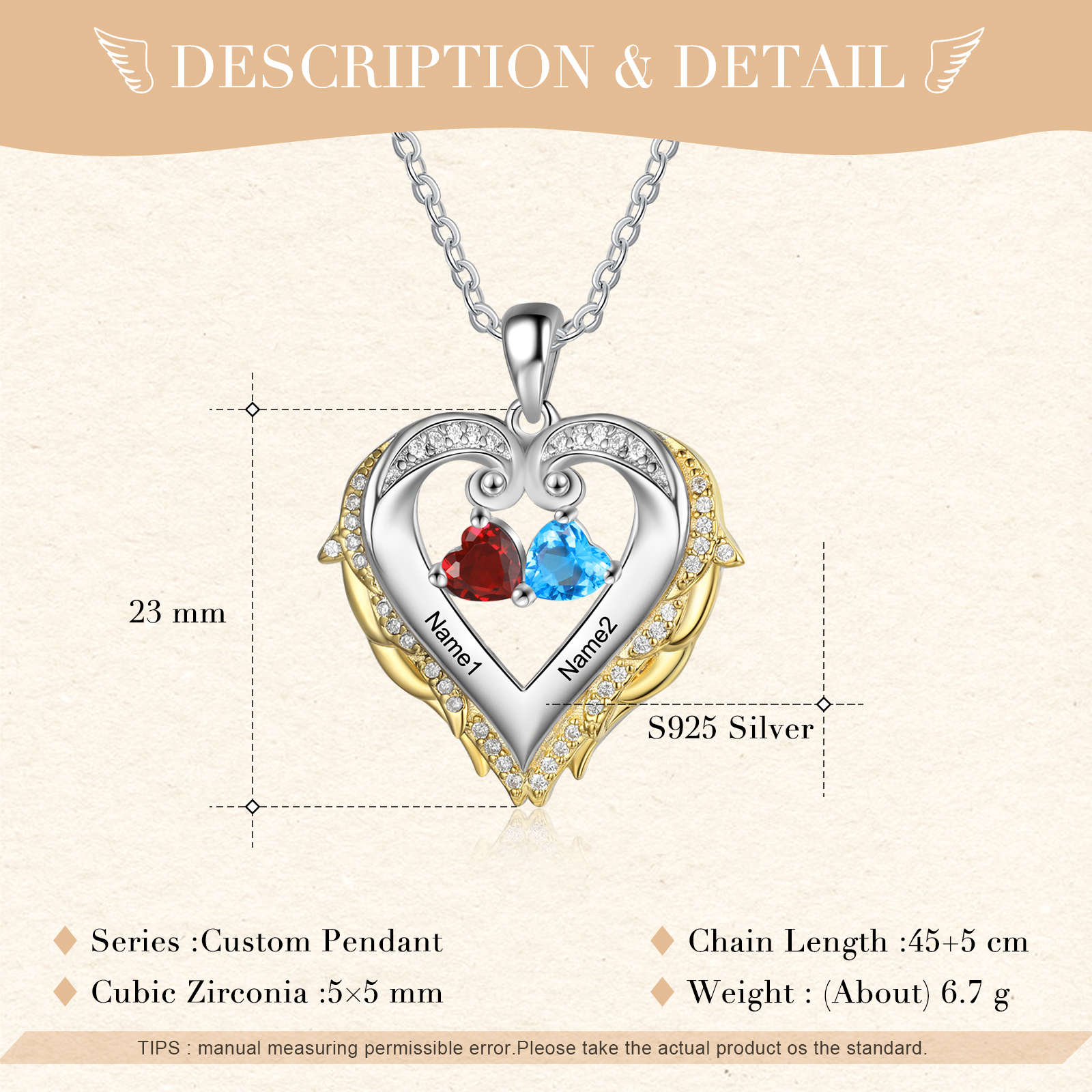 Personalised Heart Wings Necklace With 2 Birthstones Custom Names Gift For Her-Jessemade AU