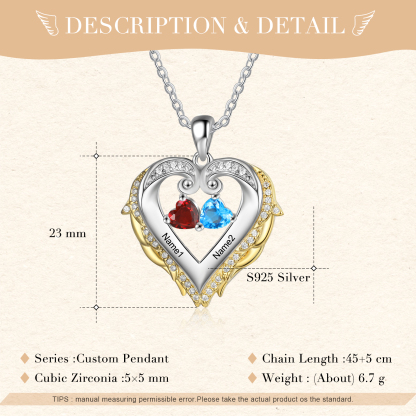 Personalised Heart Wings Necklace With 2 Birthstones Custom Names Gift For Her-Jessemade AU
