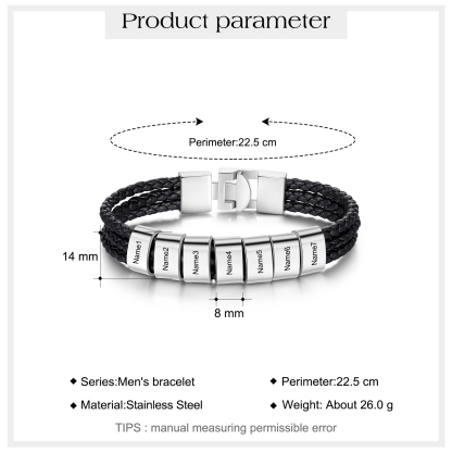 Personalised Braided Leather Bracelet Engraved 7 Names Men's Bracelet for Him-Jessemade AU