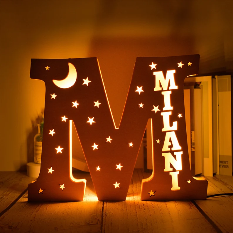 Personalised Big Letter Wooden LED Night Light Engraved 1 Name Lamp-Jessemade AU