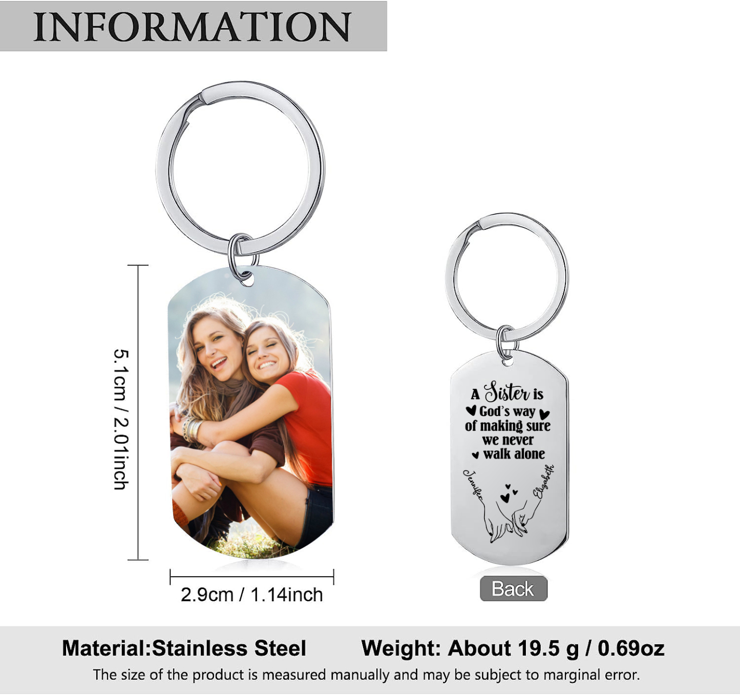 Personalised Photo Keyring Custom 2 Names Metal Keychain "A Sister Is God's Way Of Making Sure We Never Walk Alone" Gift For Bestie/Friend-Jessemade AU
