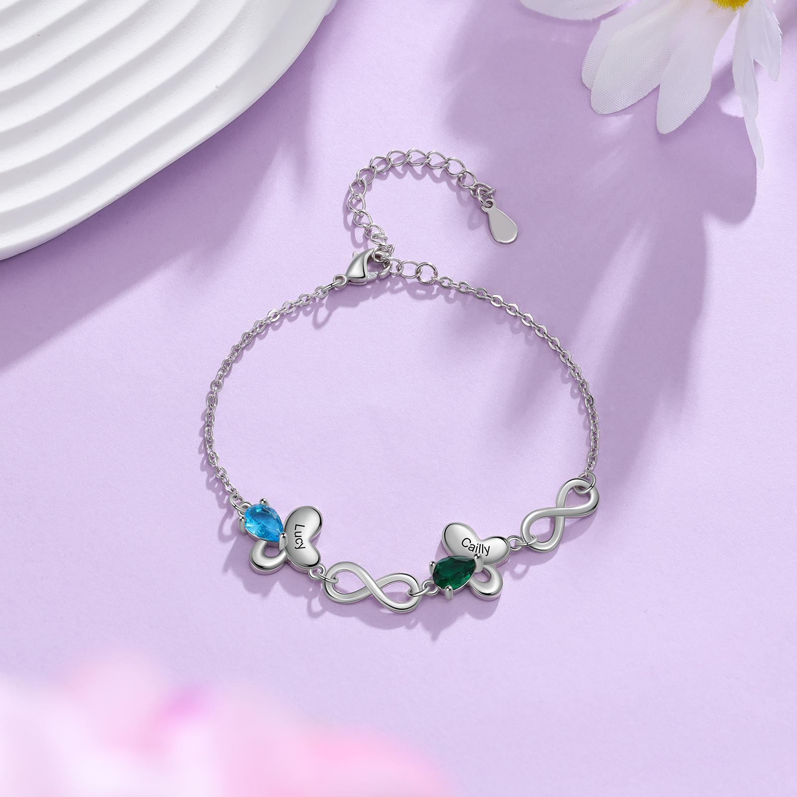 Personalised Butterfly Bracelet With 2 Birthstones Custom Names Bracelet Gift For Women-Jessemade AU