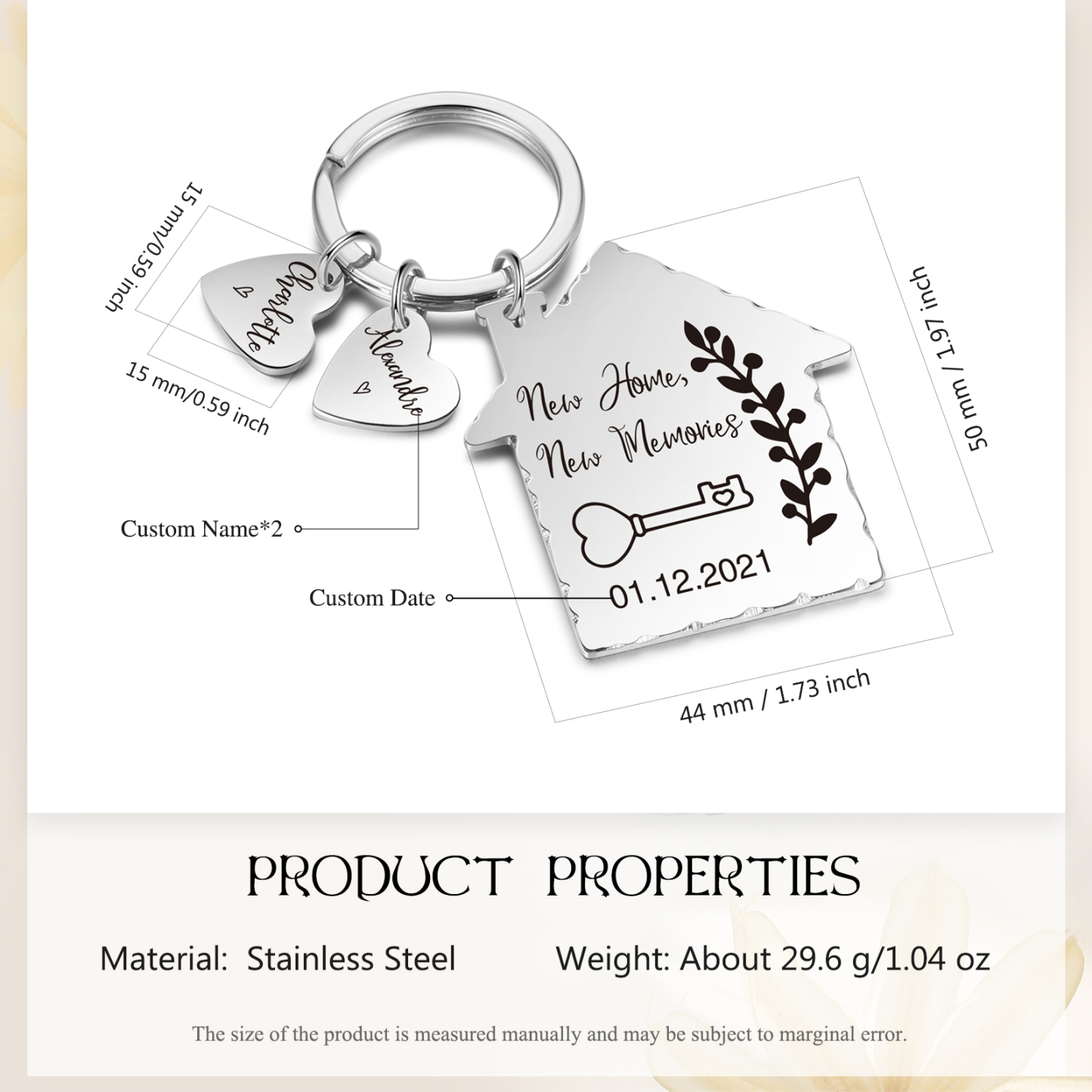 New Home Keychain Custom 2 Names & Date Keyring Stainless Steel Personalised Gift for Couples-Jessemade AU