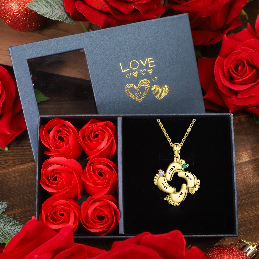 Baby Feet Necklace Custom 4 Birthstones Family Gifts Set for Mum