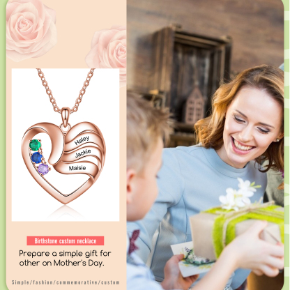 Customised Heart Necklace With 3 Birthstones Engraved Names Family Necklace Gifts for Her-Jessemade AU