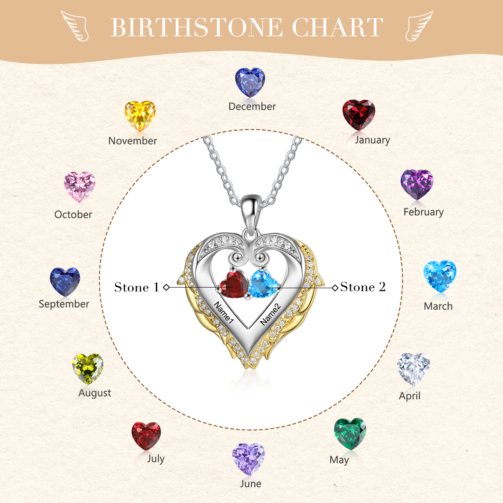 Personalised Heart Wings Necklace With 2 Birthstones Custom Names Gift For Her-Jessemade AU