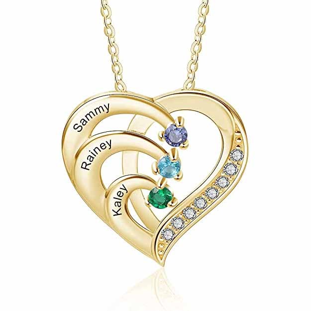 Personalised Mother Necklace Engraved 3 Names 3 Birthstone Intertwined Heart Pendant