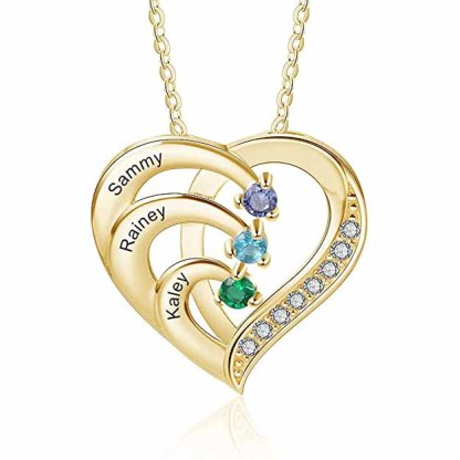 Personalised Mother Necklace Engraved 3 Names 3 Birthstone Intertwined Heart Pendant