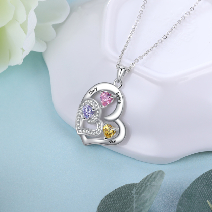 Personalised Heart Necklace With 3 Birthstones Engraved Names Gift For Her-Jessemade AU