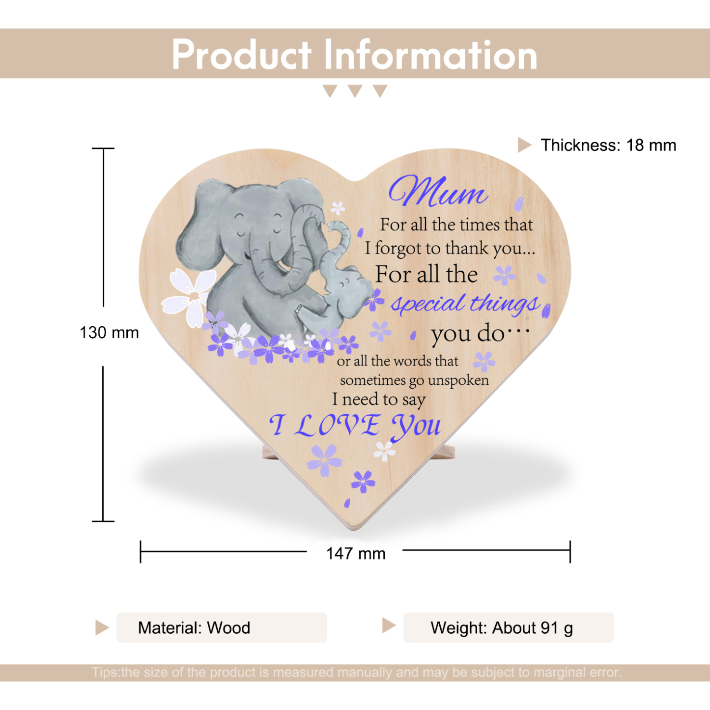 To My Mum Wooden Heart Keepsake Desktop Ornament "For all the times I forgot to thank you" Mothers Gifts-Jessemade AU