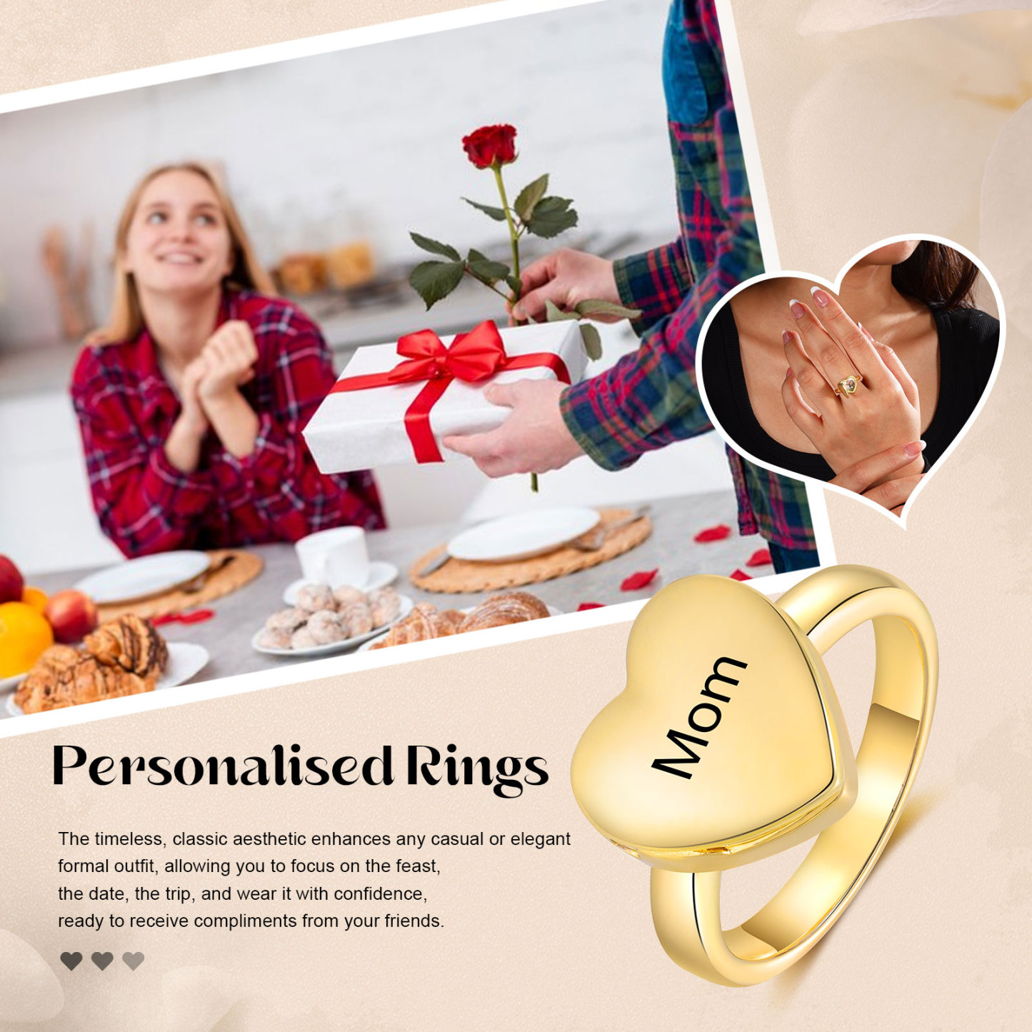 Personalised Women's Ring Custom Photo & Text Ring Gold Birthday Gift for Her-Jessemade AU