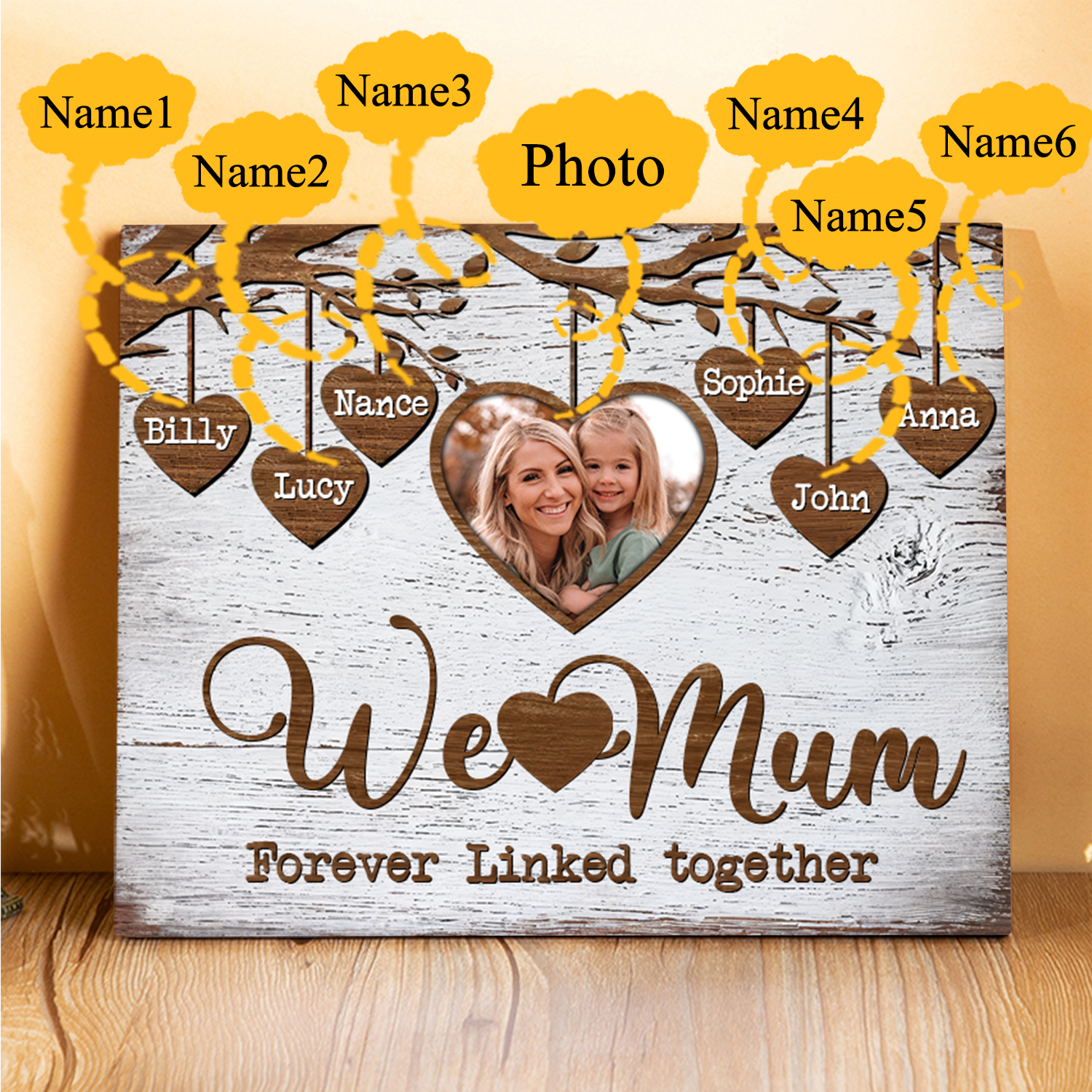 Personalised 6 Names & 1 Photo Wooden Plaque Custom Family Tree Home Decor Mother's Day Gifts - We Love Mum, Forever Linked Together-Jessemade AU