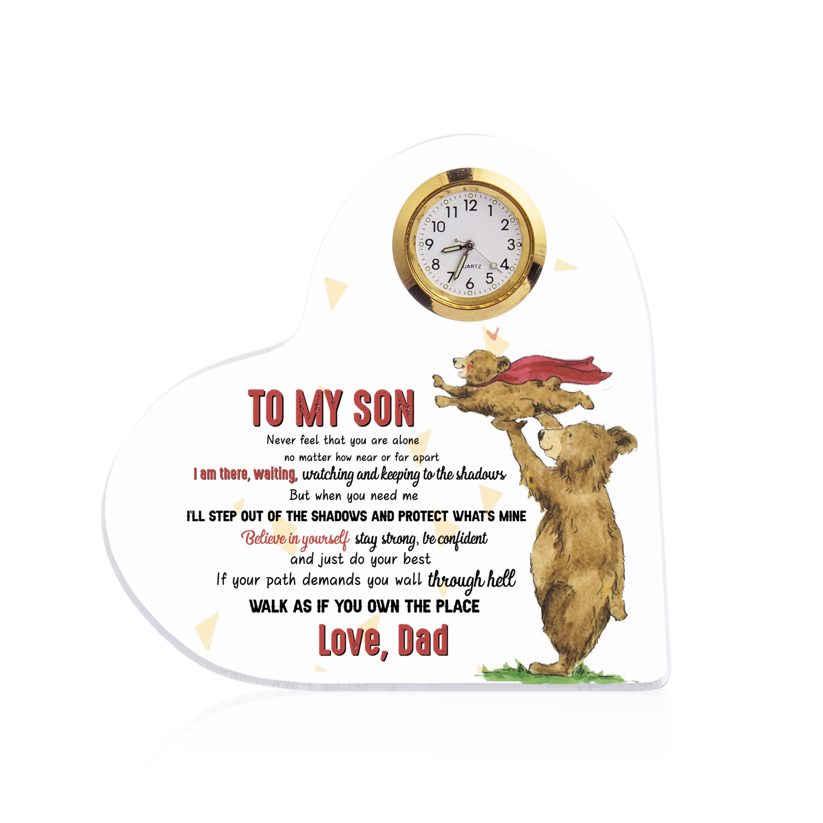 To My Son From Dad Acrylic Heart Clock Keepsake Heart Sign - Never feel that you are alone-Jessemade AU