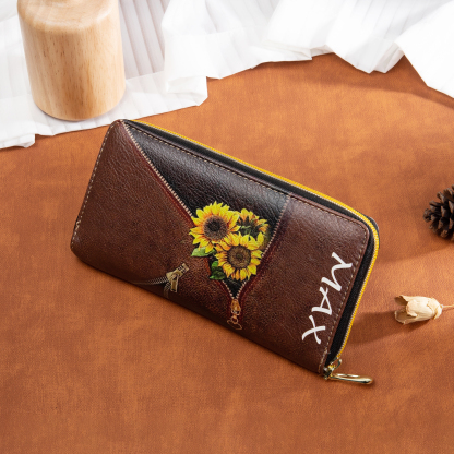Long Purse Personalised Sunflower Leather Wallet Engraved 1 Photo Zip Wallet Gifts for Her-Jessemade AU
