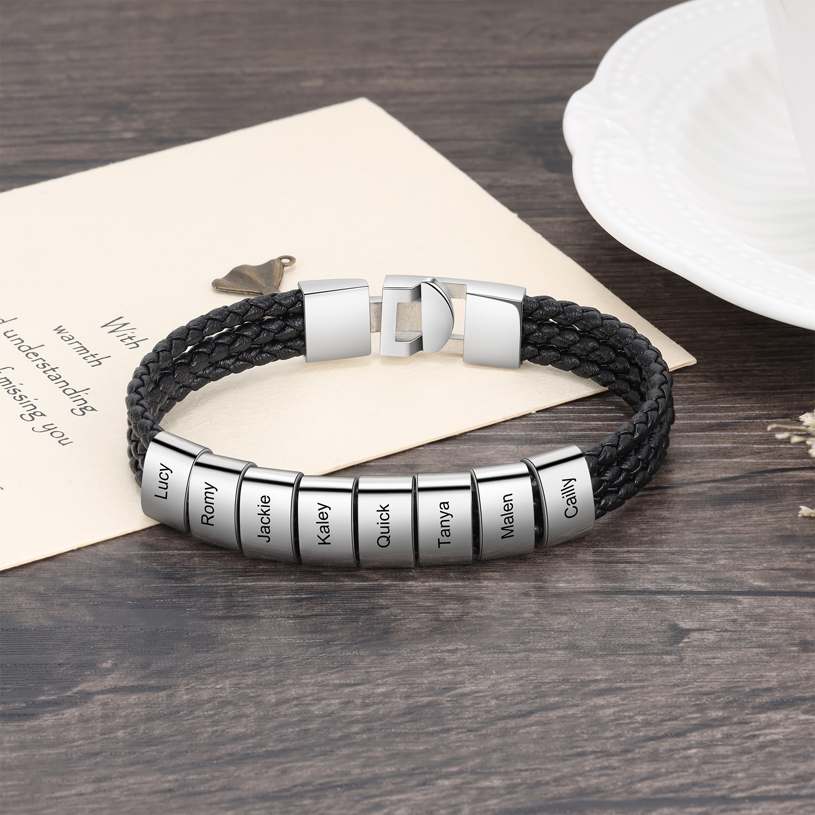 Personalised Braided Leather Bracelet Engraved 8 Names Men's Bracelet Gifts For Him-Jessemade AU