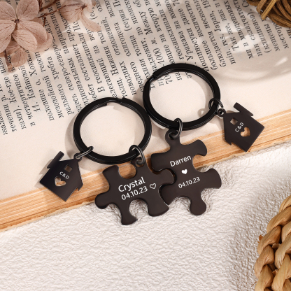 2 PCS Couple Keychain Set Custom 2 Names & 2 Letters & Date Keyring Puzzle Keychain Valentine's Day Personalised Gift for Him/Her-Jessemade AU