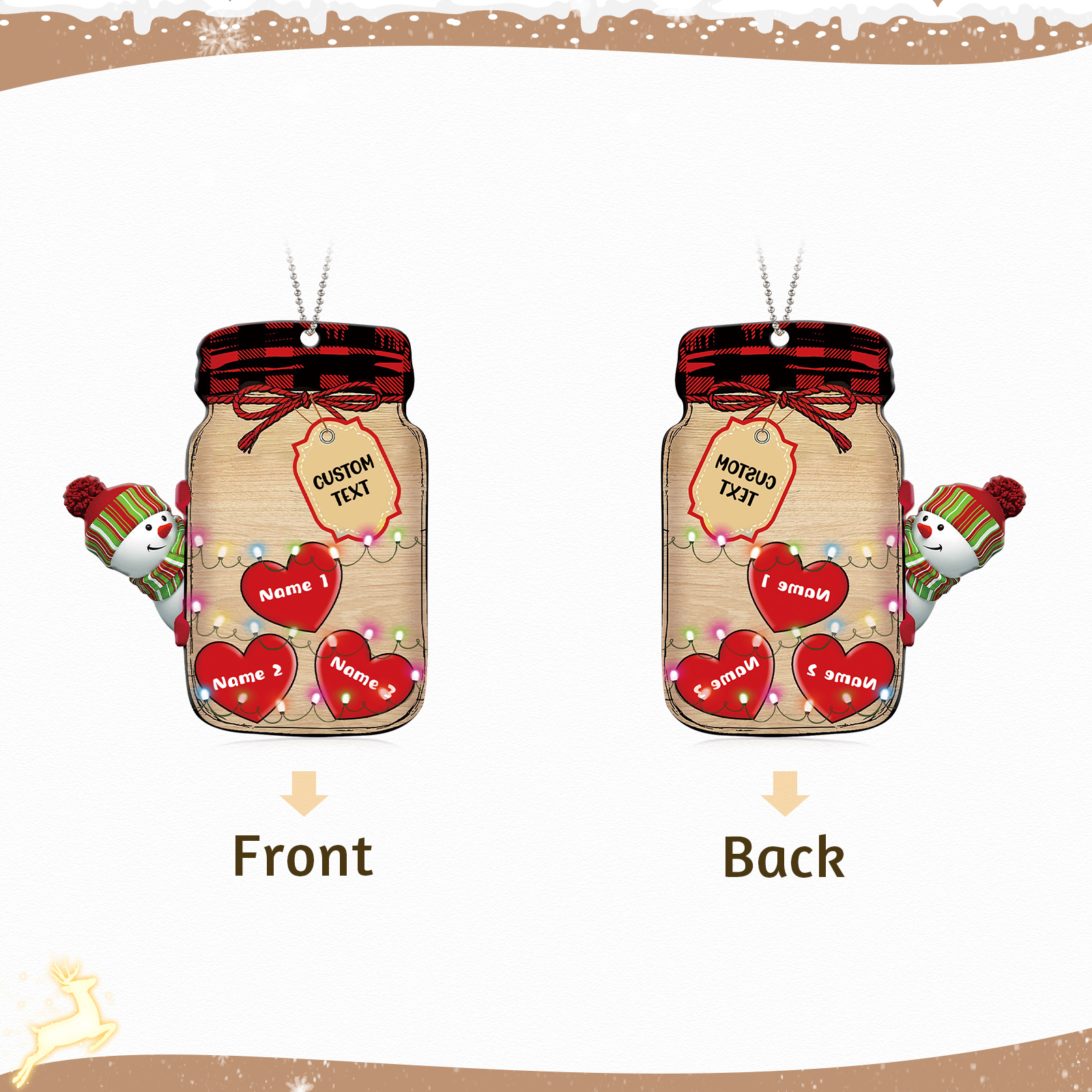 3 Names - Personalised Heart Christmas Ornament Customised Name & Text Acrylic Snowman Hanging Ornaments Jar Gift for Family-Jessemade AU