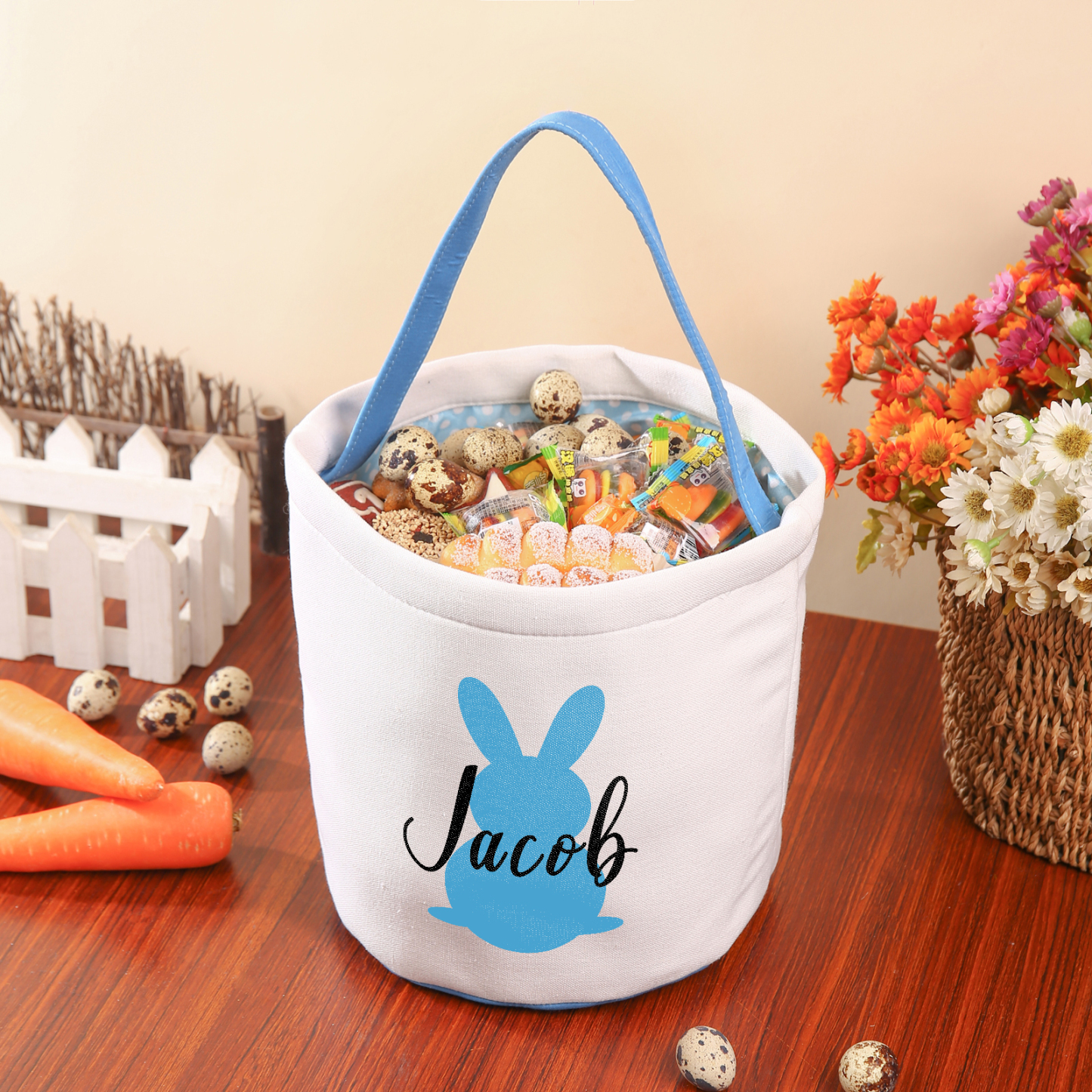 Easter Bunny Tote Bag Personalised Name Bucket Bag White Basket Gifts For Kids-Jessemade AU
