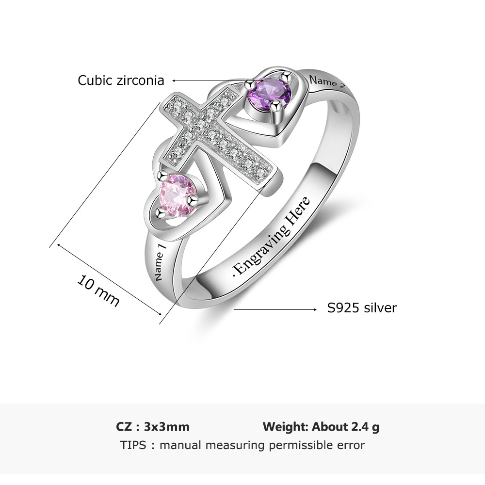 S925 Silver Ring Personalised 2 Birthstones Cross Ring With Names Gifts For Her-Jessemade AU