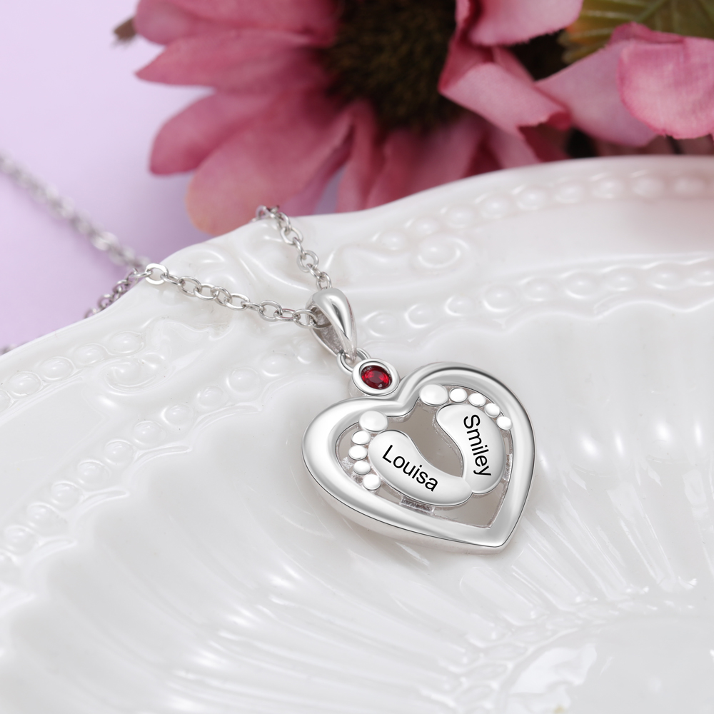 Personalised Baby Foot Necklace With 1 Birthstone Engraved Names Gift For Her-Jessemade AU