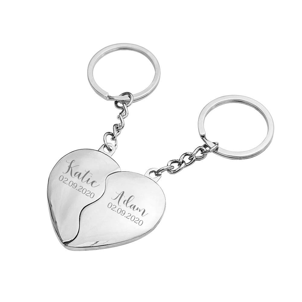 Personalised Couple Heart Keychain Set Custom 2 Names & Date Matching Couple Keyring Valentine's Day Gifts For Couples