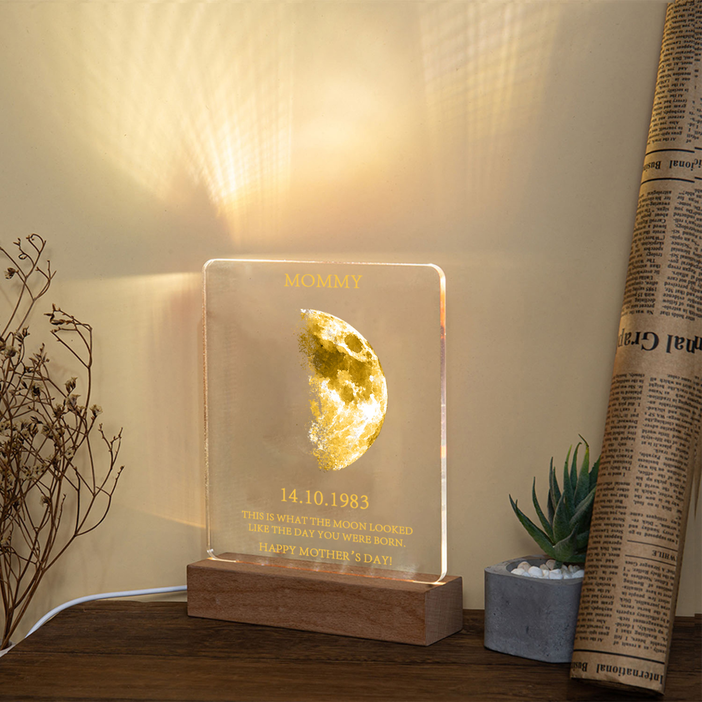 Personalised Acrylic Night Light Custom Date & Moon Phase & Text LED Lamp Gifts For Mother/Grandma-Jessemade AU