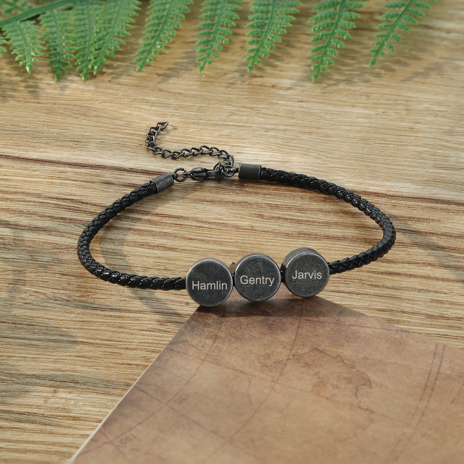 3 Names - Vintage Men's Leather Bracelet Custom Names Beads Bracelet Stainless Steel Personalised Gift for Him-Jessemade AU