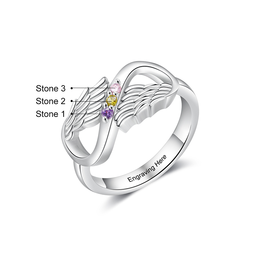 Personalised 3 Birthstones Ring Engraved Names Angel Wings Ring Gifts for Her-Jessemade AU