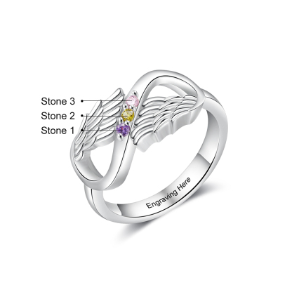 Personalised 3 Birthstones Ring Engraved Names Angel Wings Ring Gifts for Her-Jessemade AU