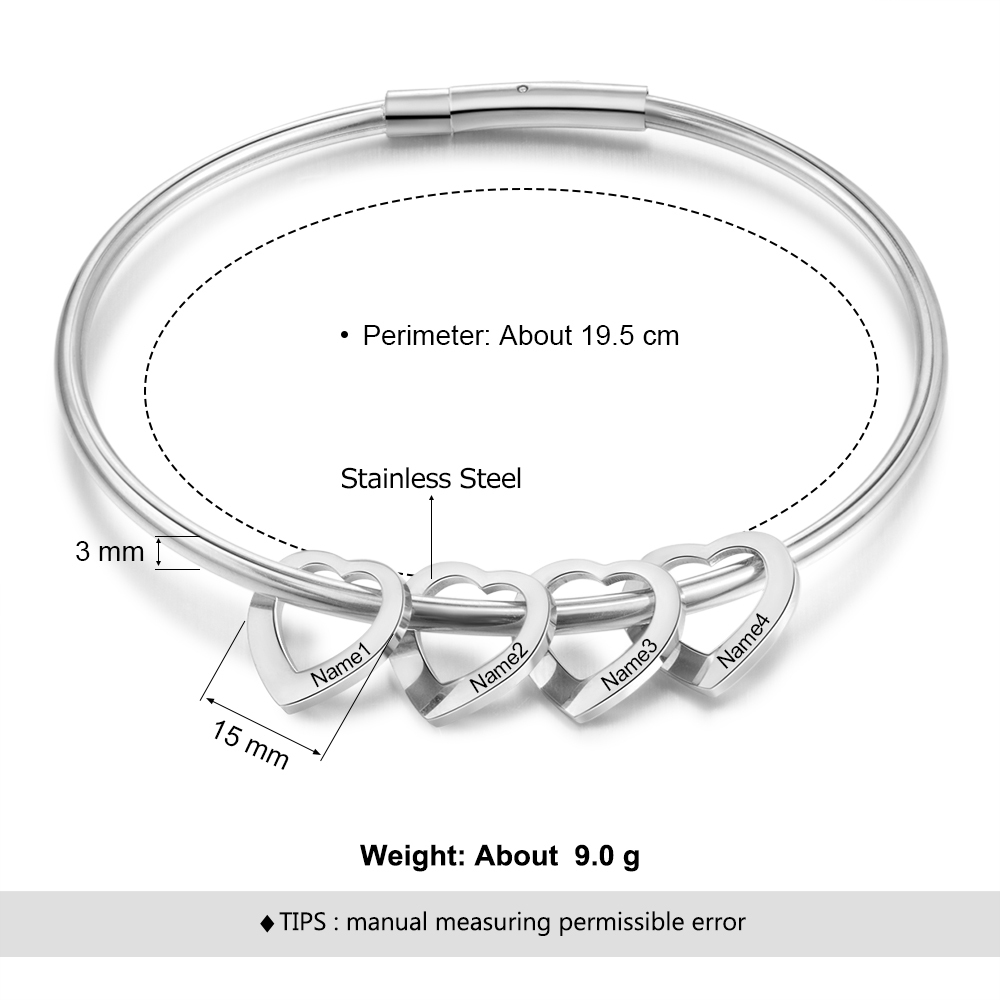 Personalised Love Bangle Bracelet with 4 Heart Charms Engraved 4 Names Bracelet Rose for Her-Jessemade AU