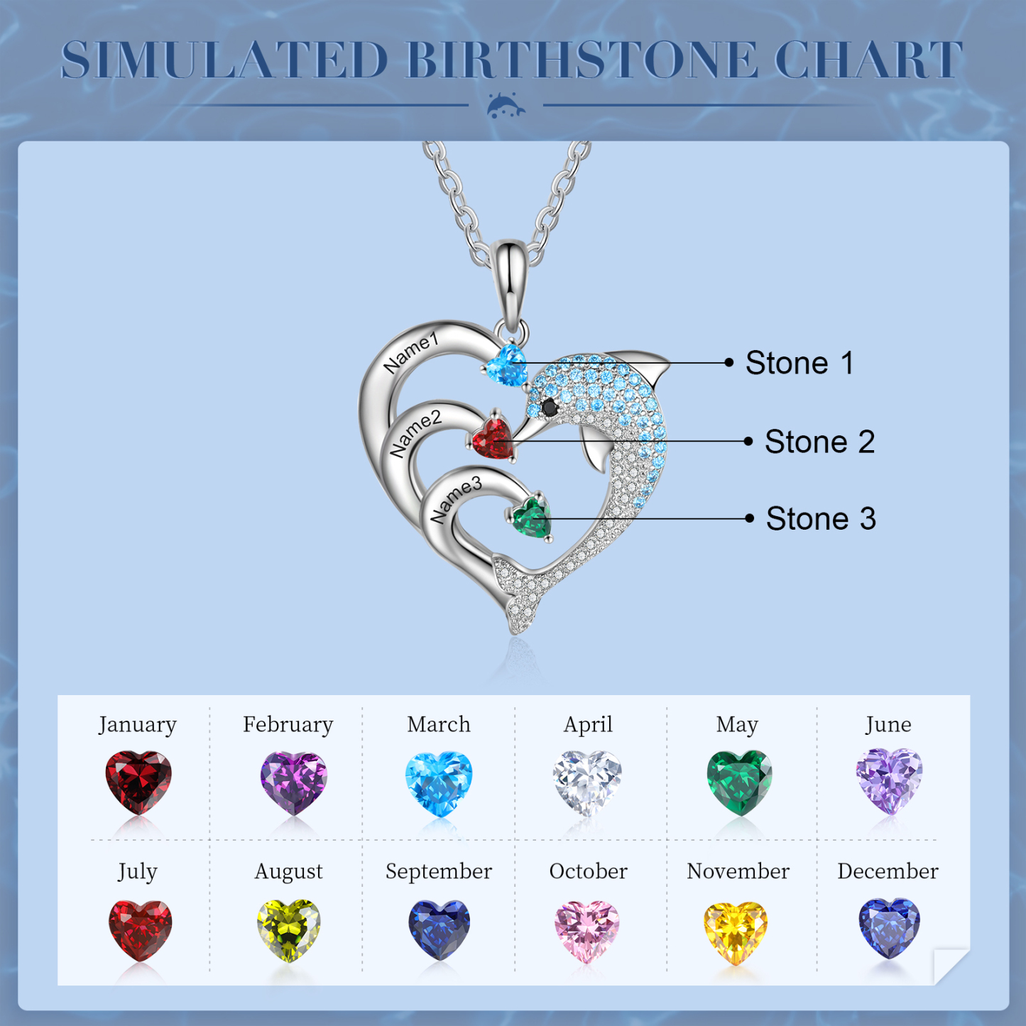 Personalised Heart Dolphin Necklace With 3 Birthstones Engraved Names Gift For Her-Jessemade AU