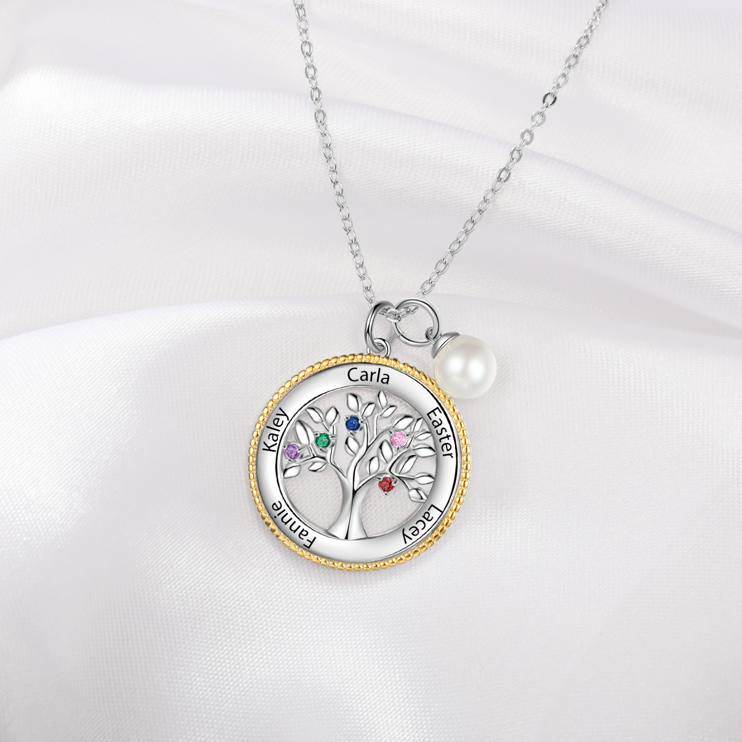 Personalised Family Tree Necklace With 5 Birthstones Engraved Names Necklace Gift For Women-Jessemade AU