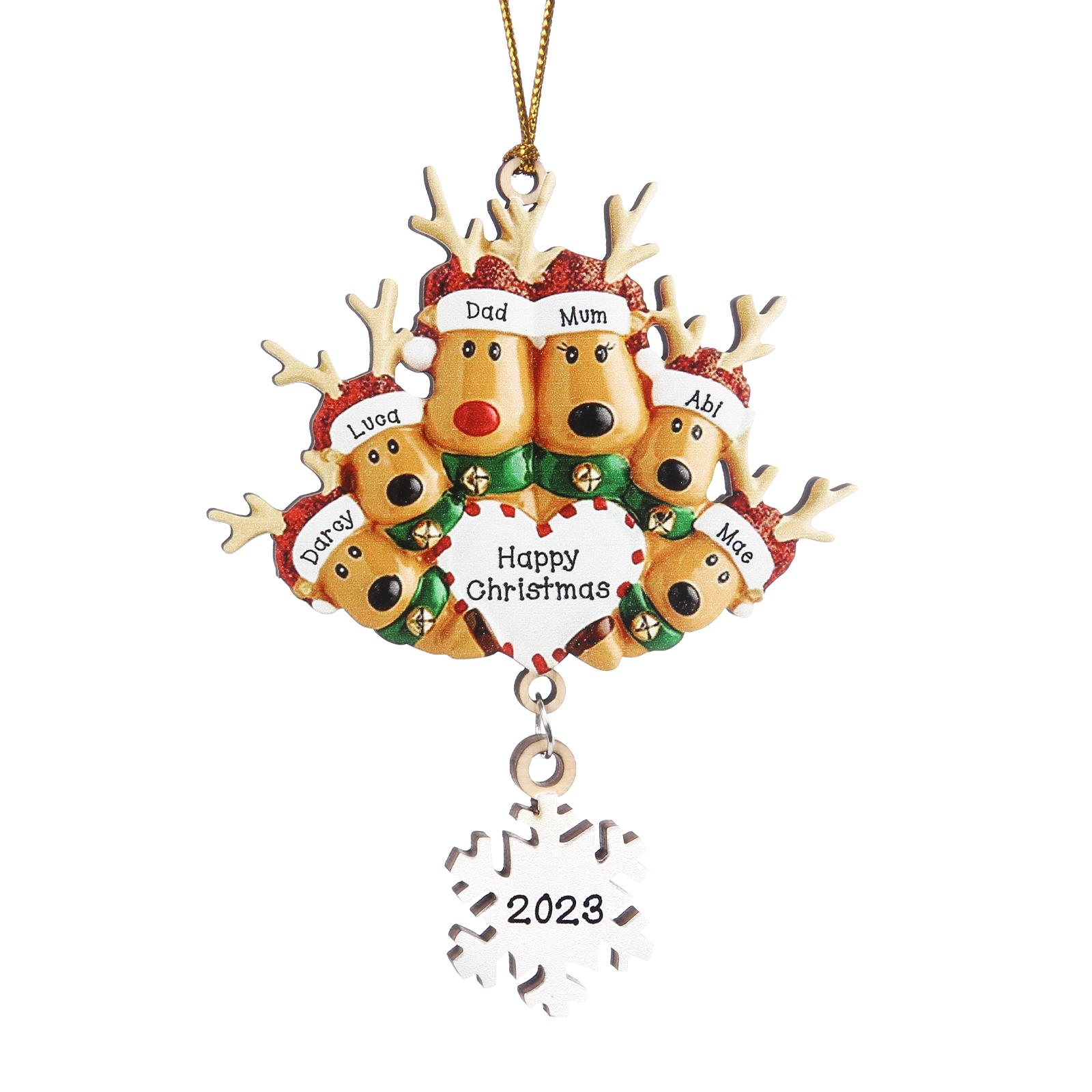 6 Names - Personalised Reindeer Christmas Ornament Customised Name & Text & Year Wooden Hanging Ornaments Christmas Gift for Family-Jessemade AU