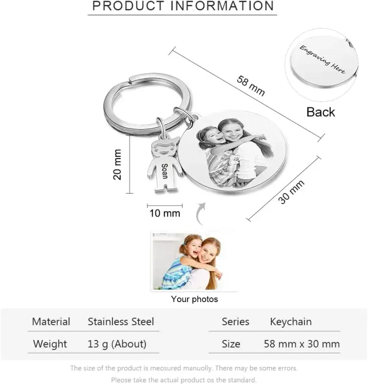 1 Name - Personalised Photo Keychain with Kid Charm Custom Text Keyring Gifts for Father/Mother-Jessemade AU