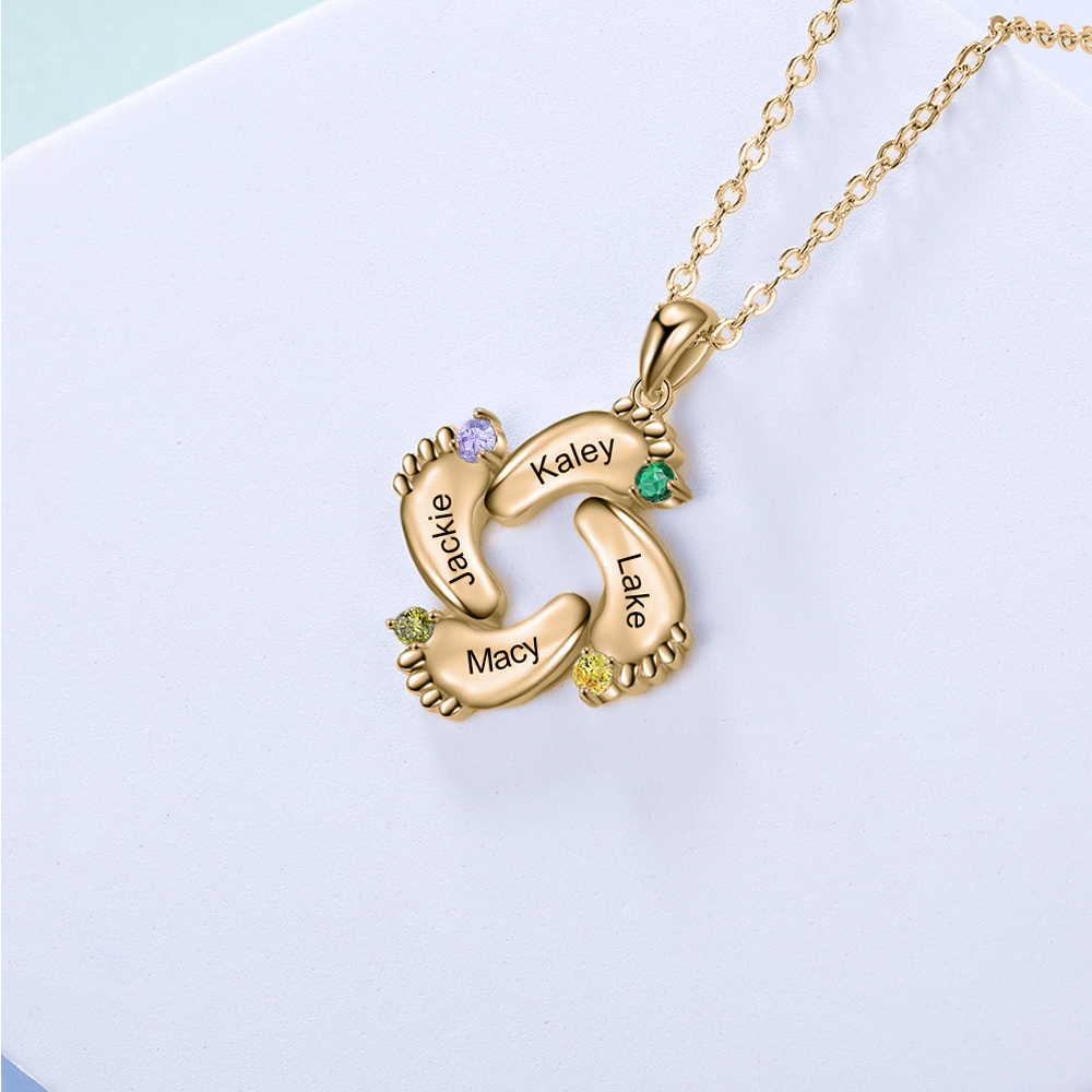 Personalised Baby Feet Necklace With 4 Birthstones Engraved Names Gift For Mother-Jessemade AU