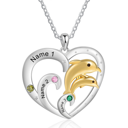 Personalised Heart Dolphin Pendant Necklace Custom 3 Birthstones Engraved 3 Names Necklace Gift for Her-Jessemade AU