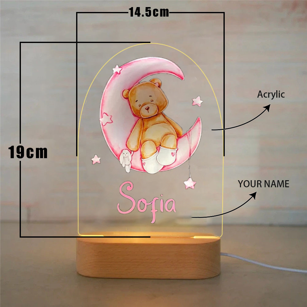 Personalised Bear and Moon Night Light Custom Name LED Lamp Baby Gift for Kids-Jessemade AU
