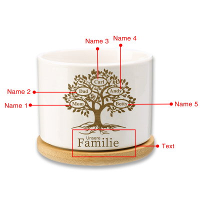 Personalised Ceramic Flowerpot with Wooden Base Custom 5 Names & 1 Text Family Tree Flowerpot Gift for Mum/Nan-Jessemade AU