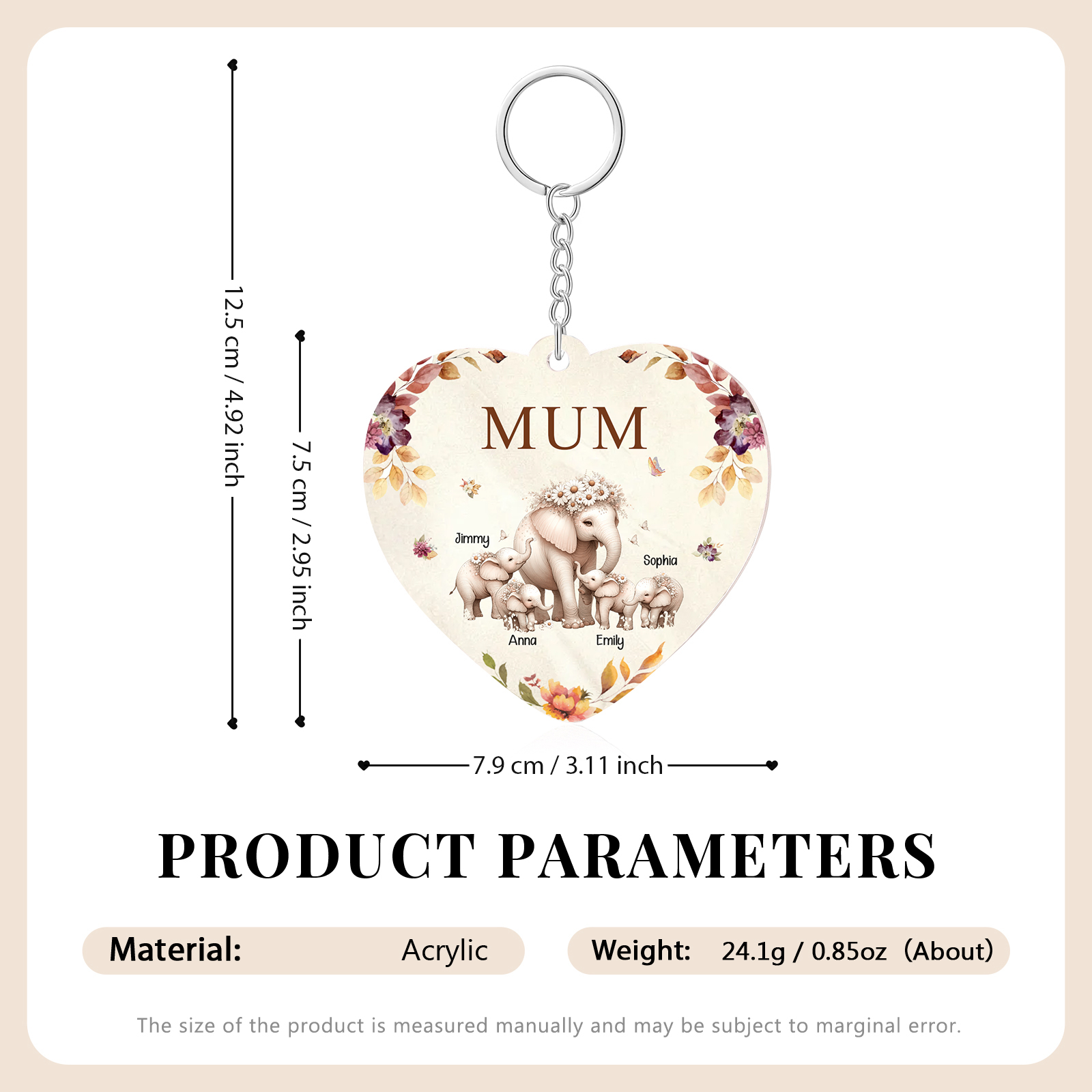 4 Names - Personalised Acrylic Keychain Custom 1 Text Elephant Family Hanging Ornaments Gift for Mum/Grandma-Jessemade AU